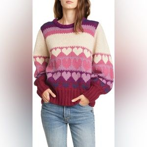 LoveShackFancy Shirelle Heart Pattern Balloon Sleeve Pullover Sweater Size Small